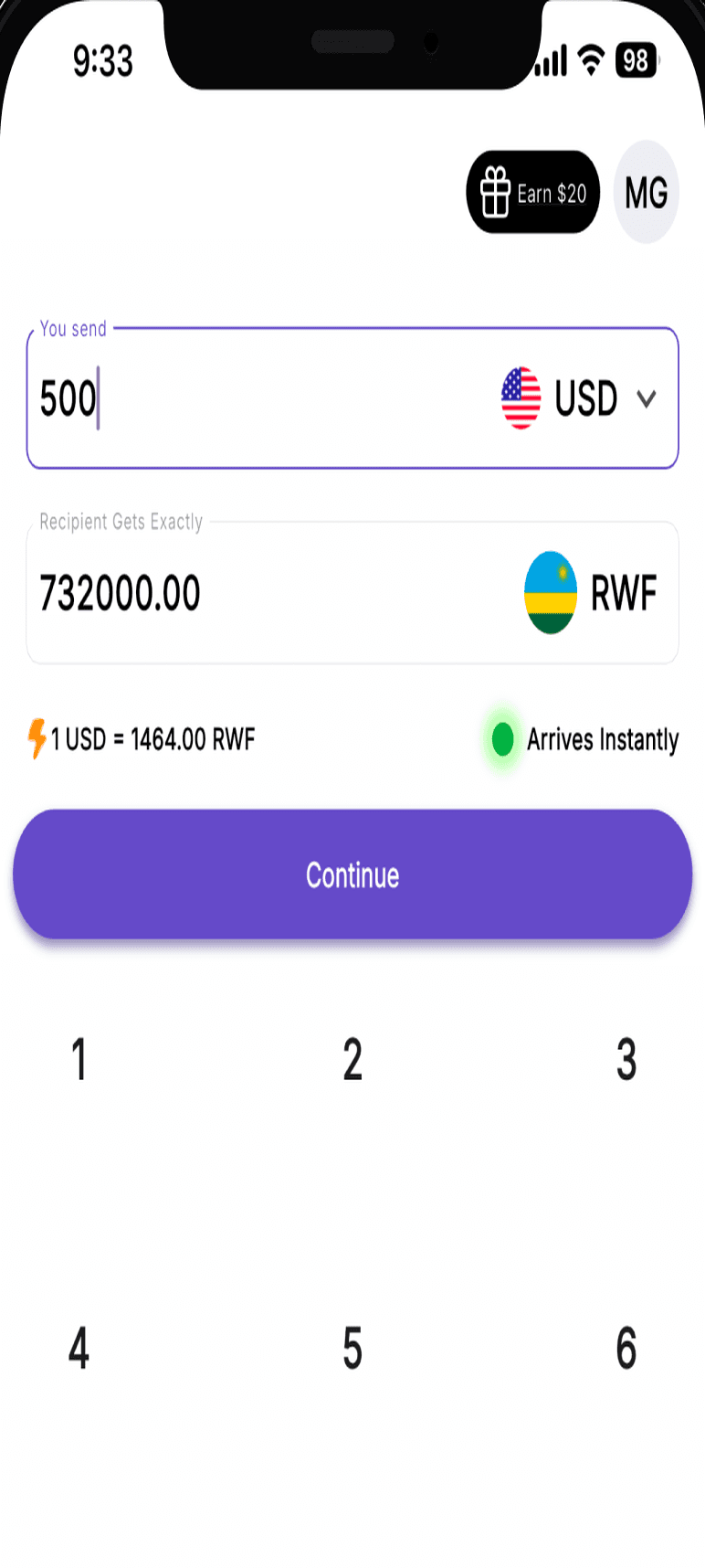 Send money screen